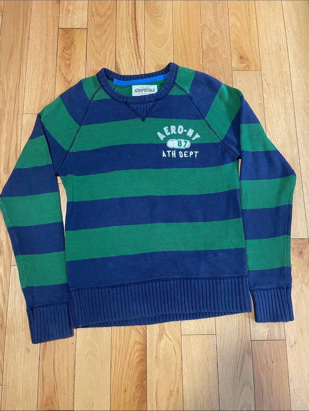 Aeropostale Blue & Green Striped Knit Crewneck